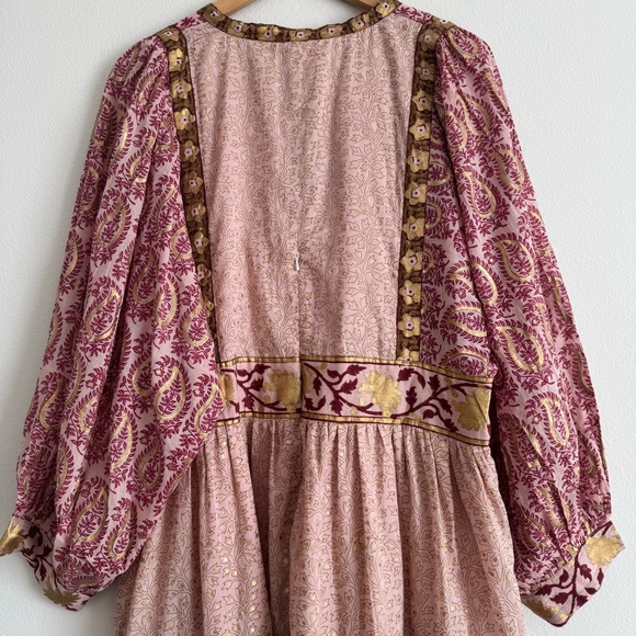 Oliphant Tie Front Balloon Sleeve Bohemian Pink Maxi Dress XL - Picture 10 of 12